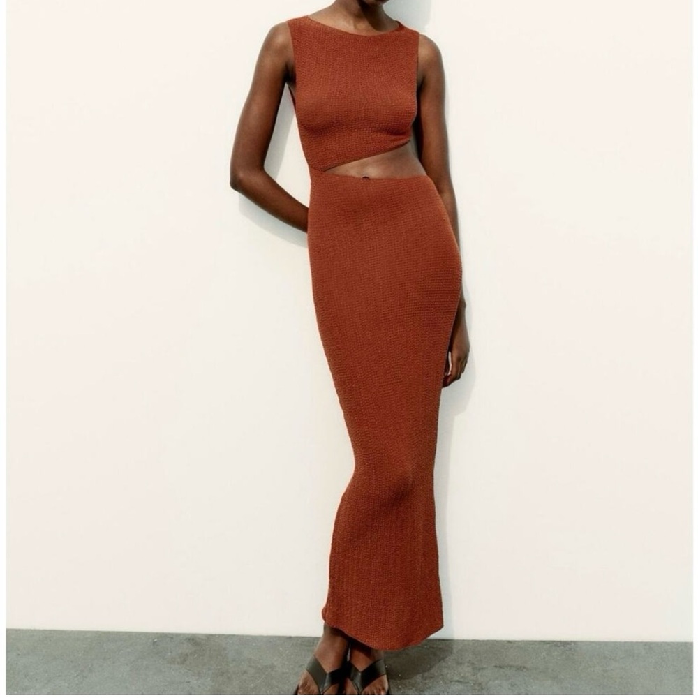 Zara Long Textured Dress with Cut-Outs Burnt Orange Brown Size Small NEW
